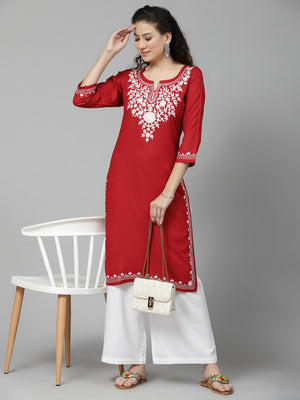 Red Offwhite Aari Long Kurti For Women