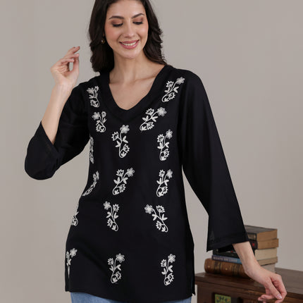 Qazmi Women Kashmiri Aari Embroidered Viscose Rayon Flared Sleeves Short Kurti