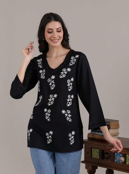 Qazmi Women Kashmiri Aari Embroidered Viscose Rayon Flared Sleeves Short Kurti