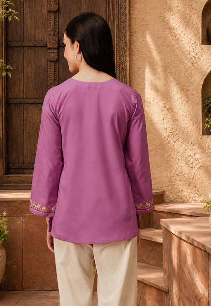 Qazmi Women's Nafisa Kashmiri Aari Work V-Neck Blue Kurti