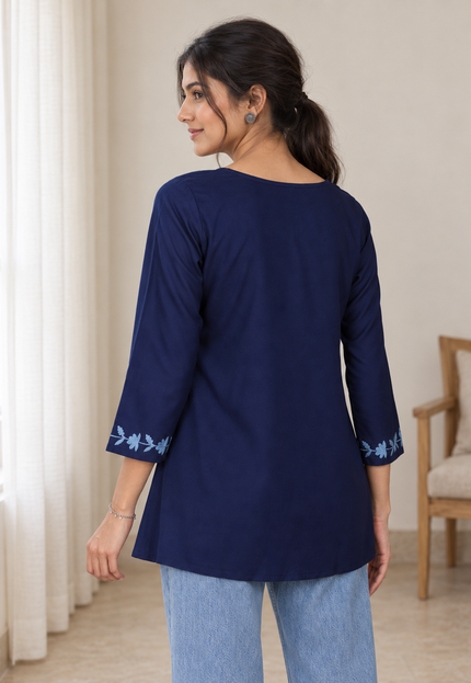 Qazmi Women Kashmiri Aari Embroidered A-Line Viscose Rayon Short Kurti with Full Sleeves