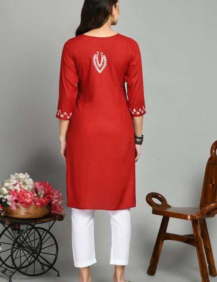 Red Offwhite Boota Aari Long Kurti For Women
