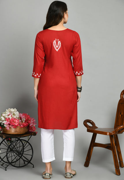 Red Offwhite Boota Aari Long Kurti For Women