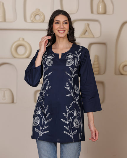 Qazmi Women's Aari Embroidered Pure Cotton Short Kurta