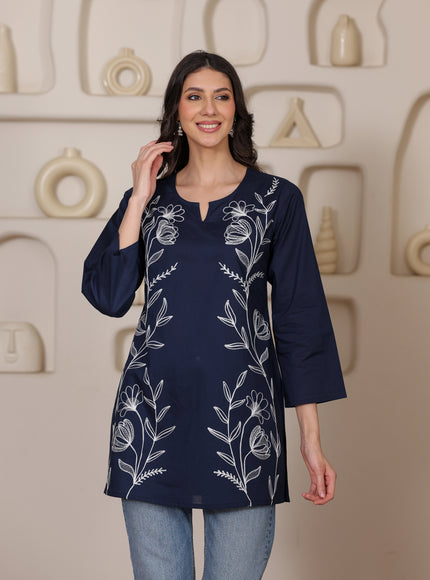 Qazmi Women's Aari Embroidered Pure Cotton Short Kurta