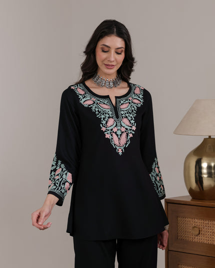 Qazmi Women Aari Embroidered Viscose Rayon A-Line Short Kurti with Full Sleeves