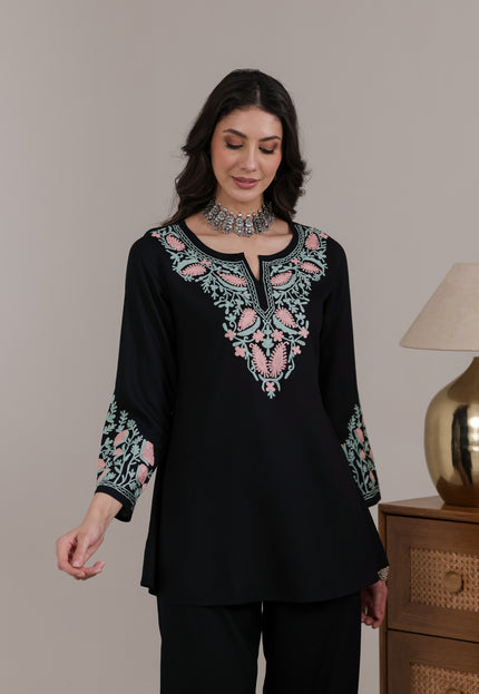 Qazmi Women Aari Embroidered Viscose Rayon A-Line Short Kurti with Full Sleeves