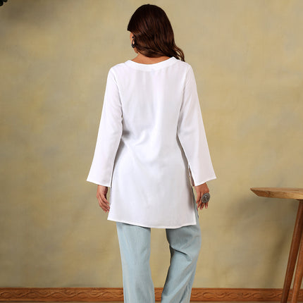 Qazmi Women's Aari Embroidered Viscose Rayon Full Sleeves Straight Kurti