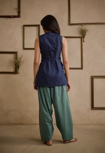 Qazmi Women’s Pure Cotton Aari Embroidered Corset Back Sleeveless Kurta with Farshi Salwar