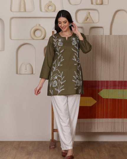 Qazmi Women's Aari Embroidered Pure Cotton Short Kurta