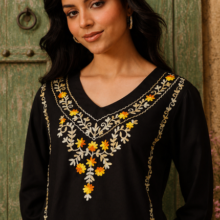 Qazmi Women's Amina Kashmiri Embroidered V-Neck Short Kurti