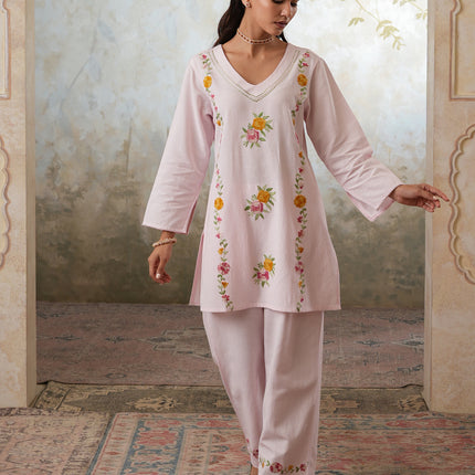 Qazmi Women's Mehreen Kashmiri Aari Work Pearl Studded Cotton Linen CoOrd