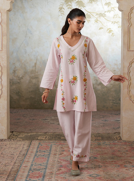 Qazmi Women's Mehreen Kashmiri Aari Work Pearl Studded Cotton Linen CoOrd