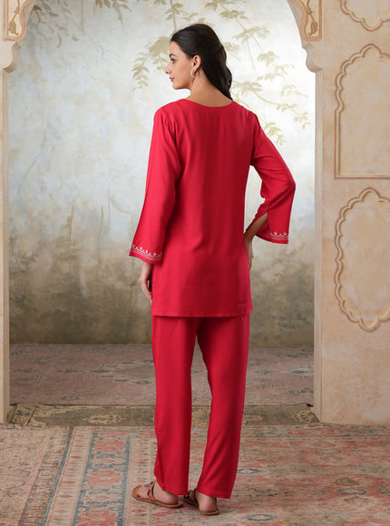 Qazmi Women's Kashmiri Aari Work Red CoOrd Set