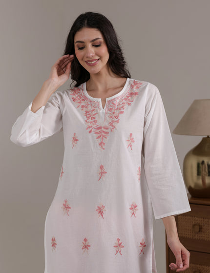 Qazmi Women's Aari Embroidered Pure Cotton Short Kurta