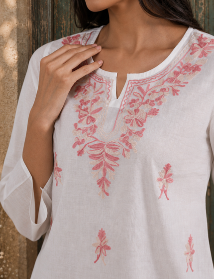 Qazmi Women's Aari Embroidered Pure Cotton Short Kurta