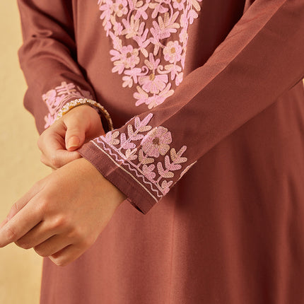 Qazmi Women's Firdousi Kashmiri Aari Work Brown Straight Kurta
