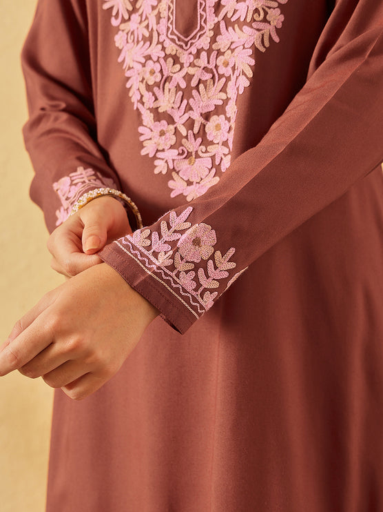 Qazmi Women's Firdousi Kashmiri Aari Work Brown Straight Kurta