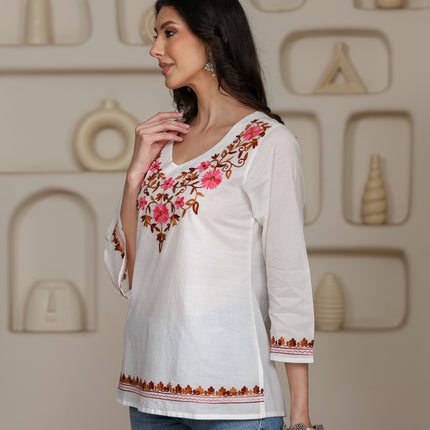Qazmi Women's Nafisa Kashmiri Aari Work V-Neck Blue Kurti
