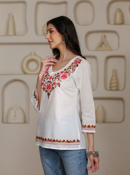 Qazmi Women's Nafisa Kashmiri Aari Work V-Neck Blue Kurti