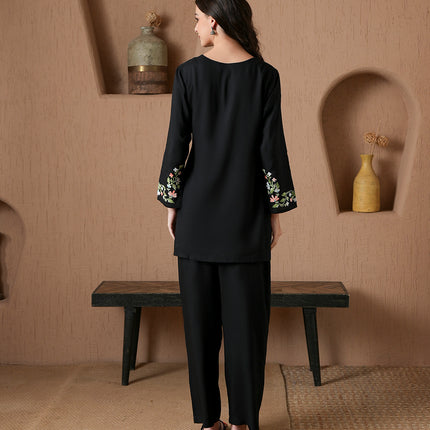 Qazmi Women's Aari Work V-Neck Black CoOrd Set