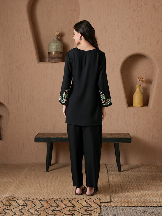 Qazmi Women's Aari Work V-Neck Black CoOrd Set