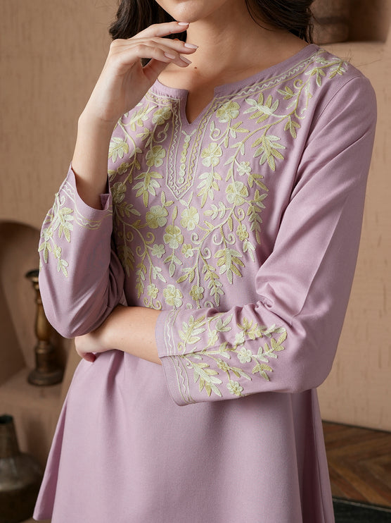 Qazmi Women's Kashmiri A-Line Full Sleeves Viscose Rayon Black Flared Short Kurti