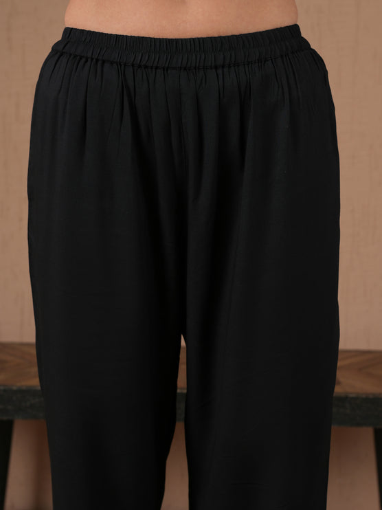 Qazmi Women's Aari Work V-Neck Black CoOrd Set