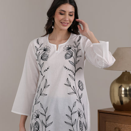 Qazmi Women's Aari Embroidered Pure Cotton Short Kurta