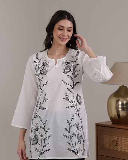 Qazmi Women's Aari Embroidered Pure Cotton Short Kurta