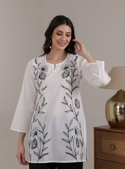 Qazmi Women's Aari Embroidered Pure Cotton Short Kurta