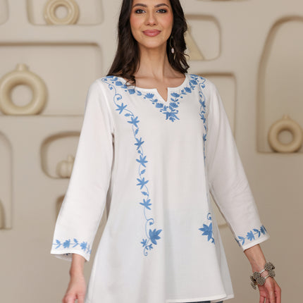 Qazmi Women Kashmiri Aari Embroidered A-Line Viscose Rayon Short Kurti with Full Sleeves