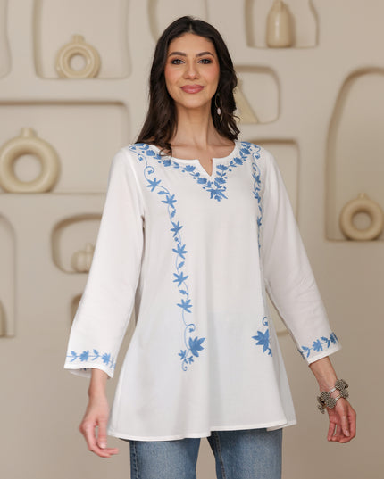Qazmi Women Kashmiri Aari Embroidered A-Line Viscose Rayon Short Kurti with Full Sleeves