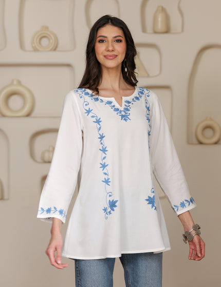 Qazmi Women Kashmiri Aari Embroidered A-Line Viscose Rayon Short Kurti with Full Sleeves