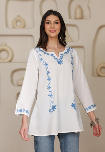 Qazmi Women Kashmiri Aari Embroidered A-Line Viscose Rayon Short Kurti with Full Sleeves