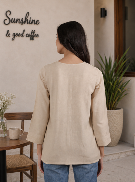 Qazmi Women Aari Embroidered Cotton Linen Buttoned Top