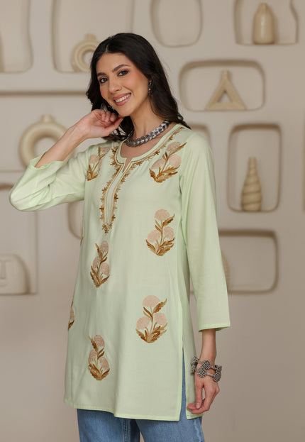 Qazmi Women Kashmiri Aari Embroidered Viscose Rayon Short Kurta