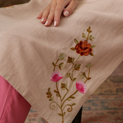 Qazmi Women's Zaynab Kashmiri Aari Work Cotton Linen Olive Green Kurta