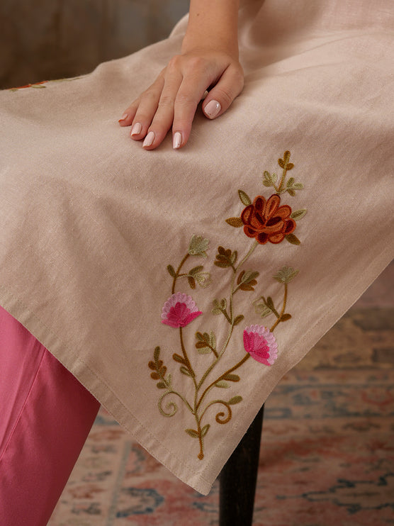 Qazmi Women's Zaynab Kashmiri Aari Work Cotton Linen Olive Green Kurta