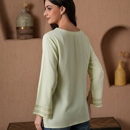 Qazmi Women's Amina Kashmiri Embroidered V-Neck Short Kurti