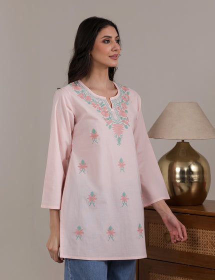 Qazmi Women's Aari Embroidered Pure Cotton Short Kurta