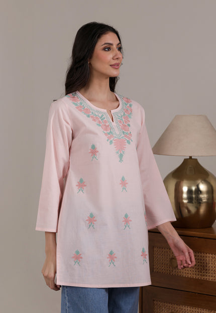 Qazmi Women's Aari Embroidered Pure Cotton Short Kurta