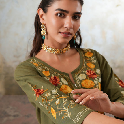 Qazmi Women's Zaynab Kashmiri Aari Work Cotton Linen Olive Green Kurta