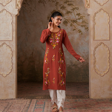 Qazmi Women's Sahar Kashmiri Aari Work Straight Kurta