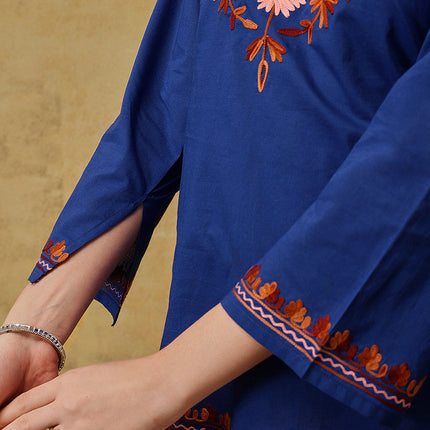 Qazmi Women's Nafisa Kashmiri Aari Work V-Neck Blue Kurti