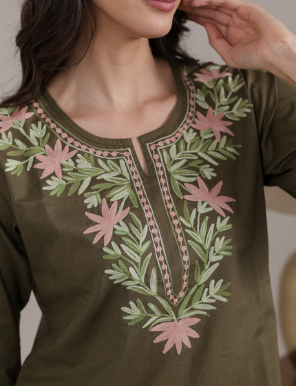 Qazmi Women Aari Embroidered Pure Cotton Short Kurta with Full Sleeves