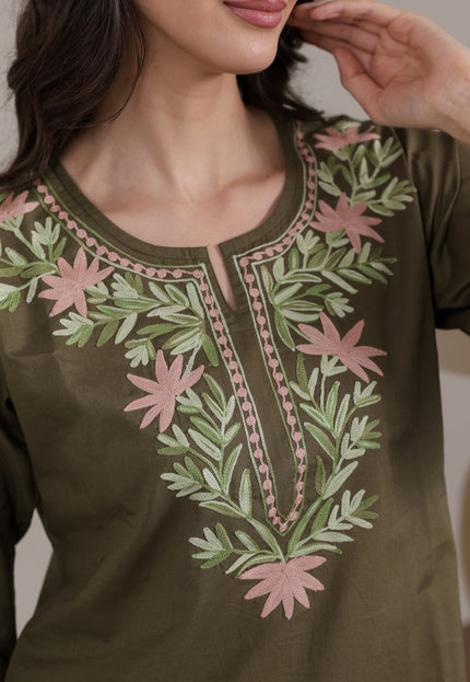 Qazmi Women Aari Embroidered Pure Cotton Short Kurta with Full Sleeves