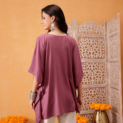 Qazmi Hannah V-Neck Flared Sleeves Aari Work Kaftan Kurti