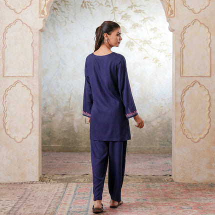 Qazmi Women's Kashmiri Aari Work Navy Blue CoOrd Set