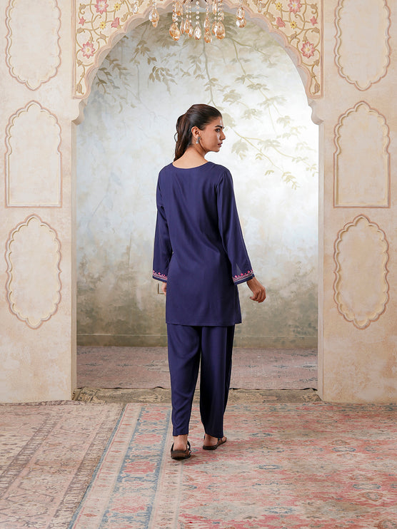 Qazmi Women's Kashmiri Aari Work Navy Blue CoOrd Set